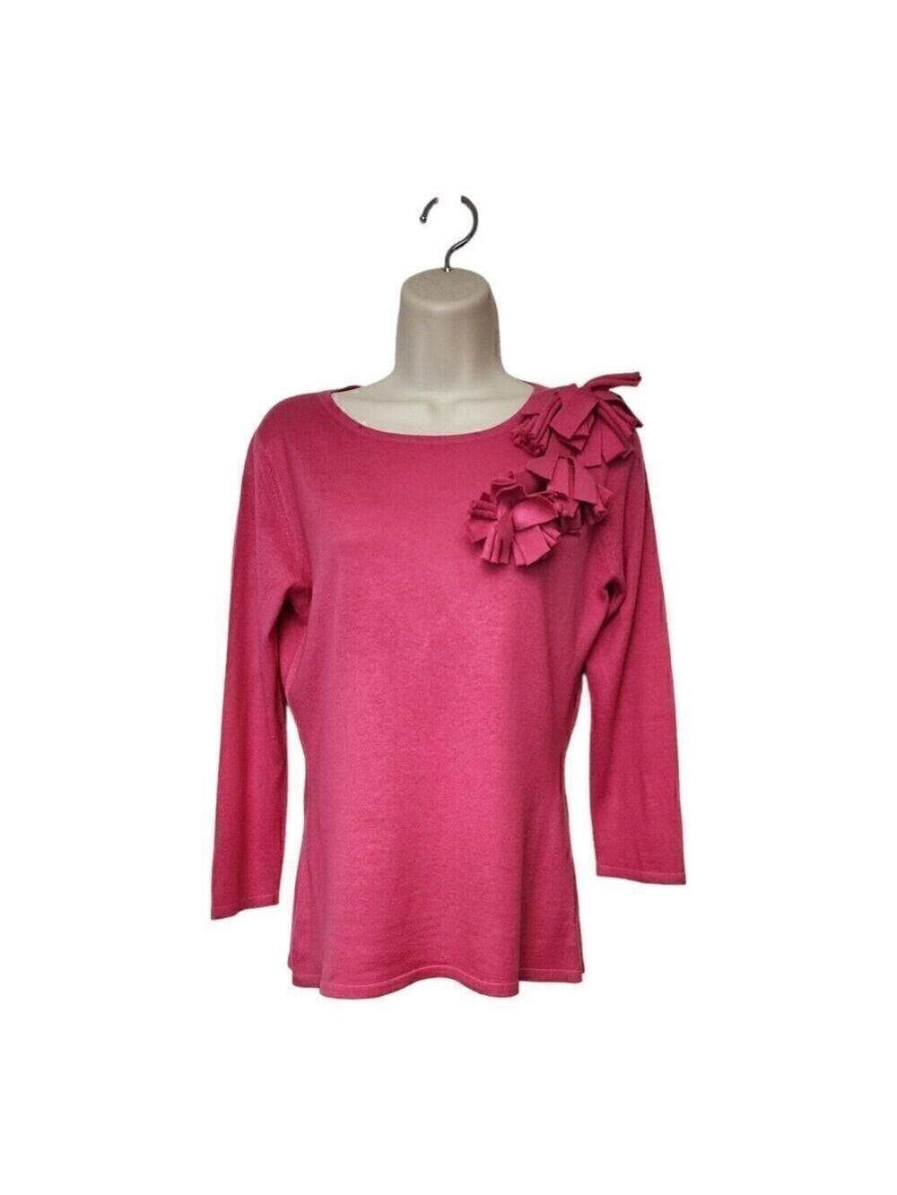 SAKS FIFTH AVENUE 3/4 Sleeve Cashmere Hot Pink Silk Comfy Sweater Size Medium